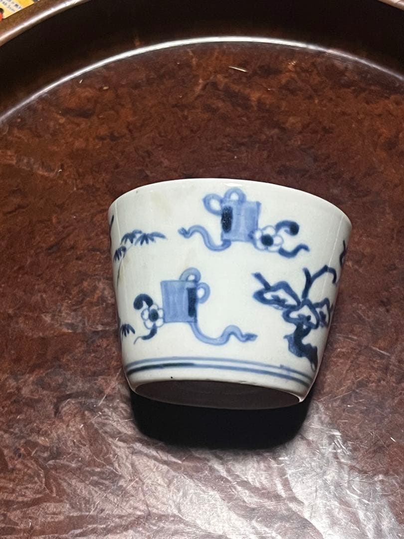 モダンデザイン 古伊万里 蕎麦猪口 散らし 無傷完品 大振り 松竹梅 柿