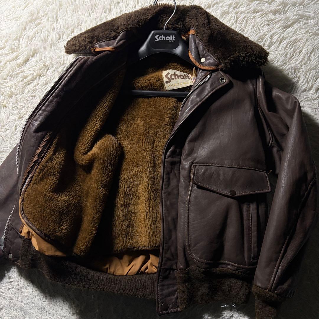 【米国製】schott フライトジャケット　 G-1 襟ボア　ブラウン　38 Schott A-2 G-1 フライト ボア レザー ライナー ブラウン 38 ムートン