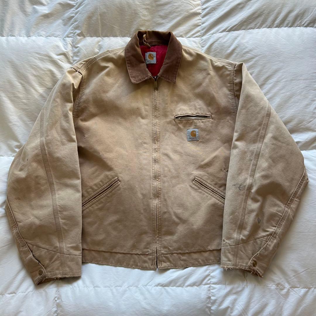 80s Carhartt デトロイトジャケット フェード ベージュ 裏地赤 - メルカリ