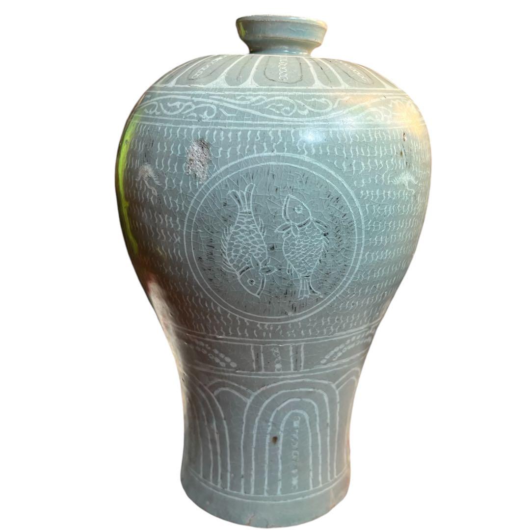 梅瓶 李朝 双魚 遊魚文 梅瓶 朝鮮 古美術 骨董 高麗 青磁 粉青沙器 魚