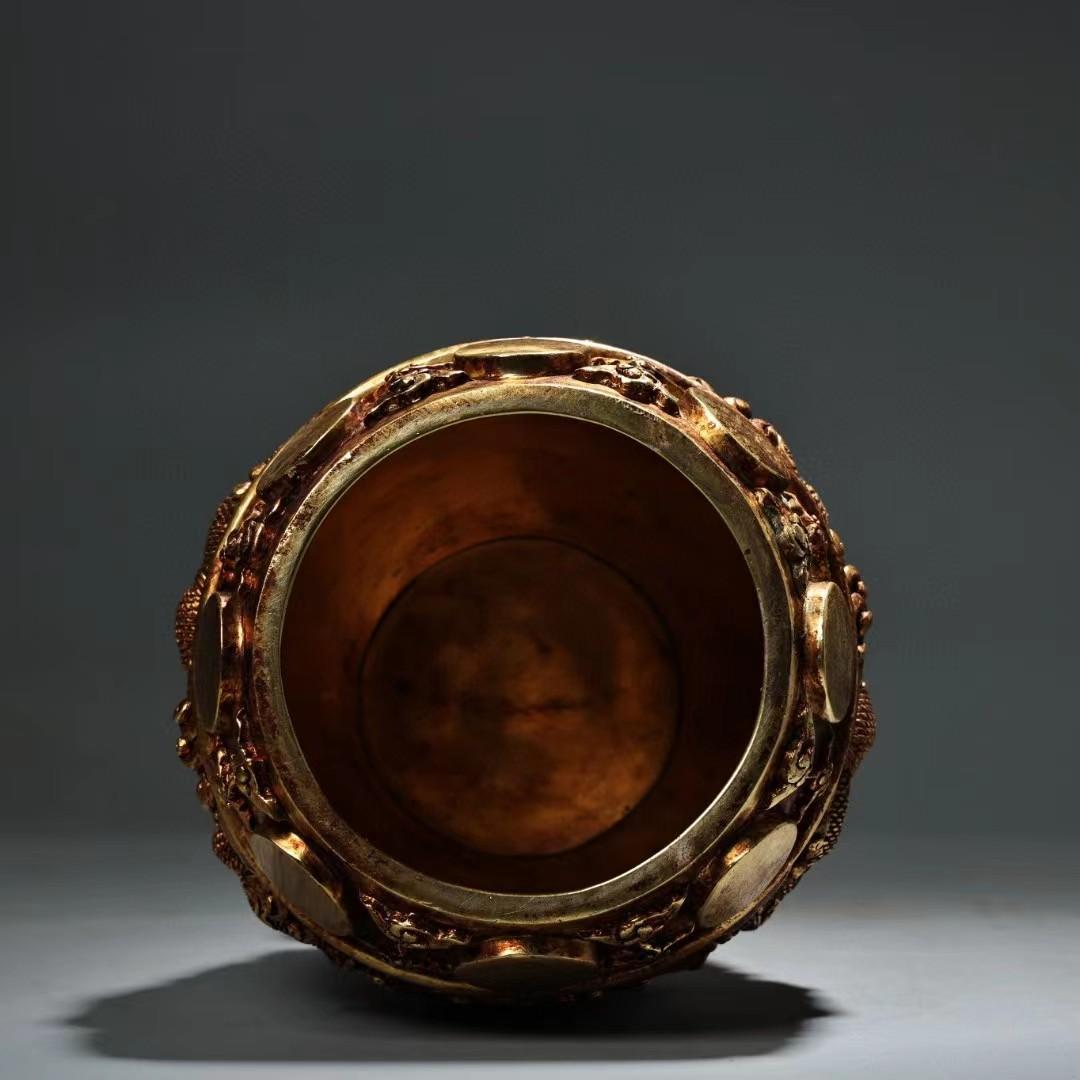 中国古美術・旧蔵鎏金盘龍龍頭付きの鐘・純銅細密彫・純手作り・高浮彫