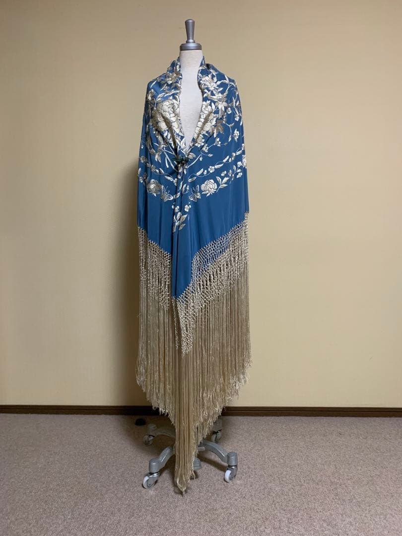 フラメンコ衣装 大判マントン シルク ターコイズブルー✖️サンド