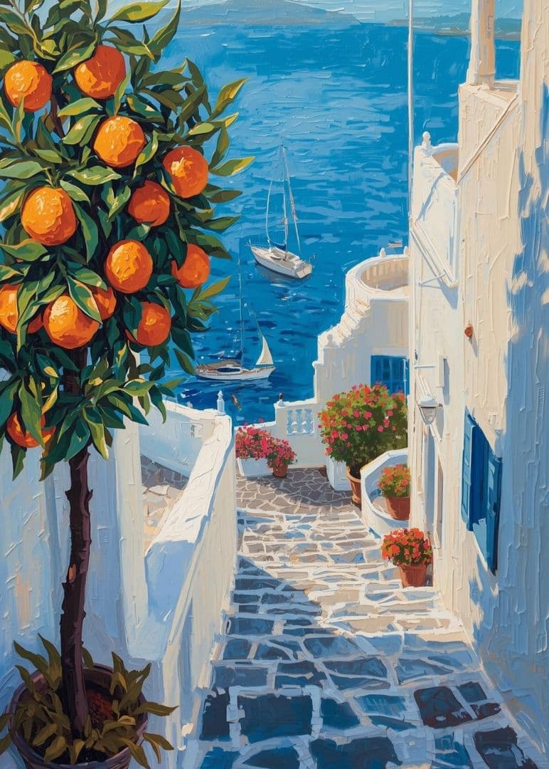 1784 地中海風景画アートポスター青い海と白い街並みオレンジの木