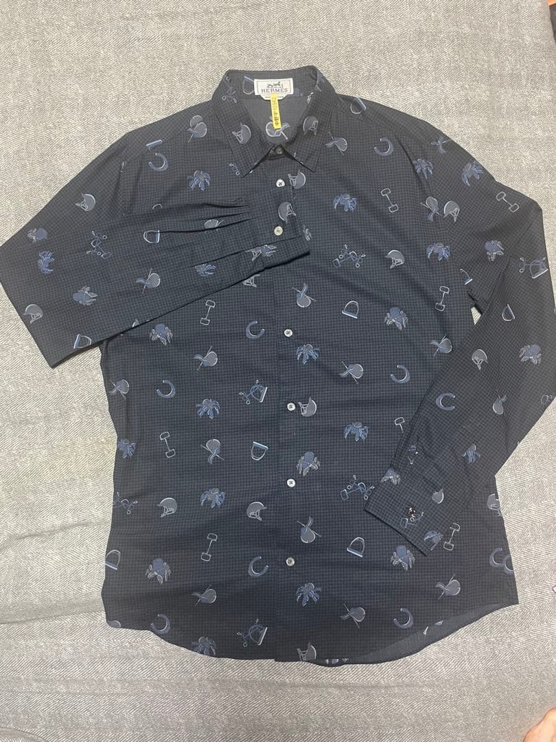 Bamiki  HERMES ダークブルー プリントシャツ NORMANBROS別注 メッシュプリントシャツ 半袖