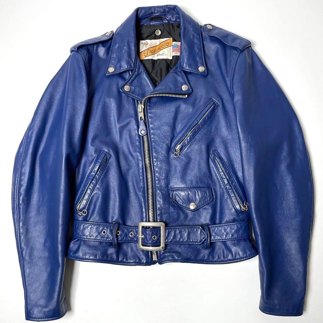 希少】米国製 Schott レザー ライダースジャケット 青 ダブル 36
