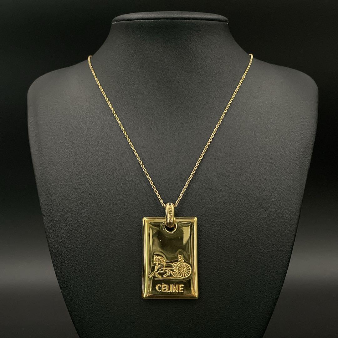 美品 オールド セリーヌ ネックレス 馬車 ロゴ プレート ゴールド y2k
