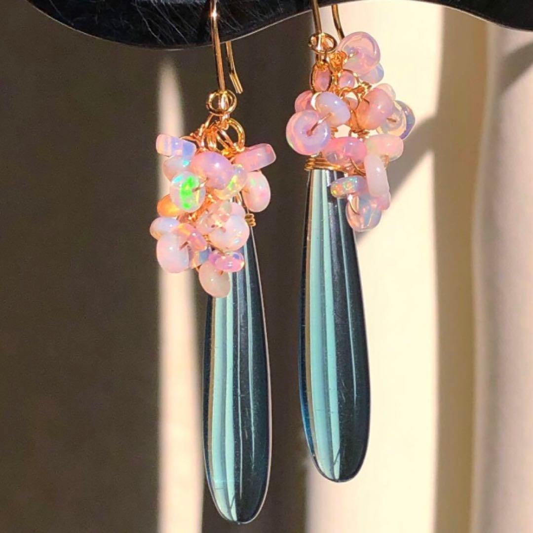 天然石♡桜プレシャスオパール×ティールブルーのピアス14kgf
