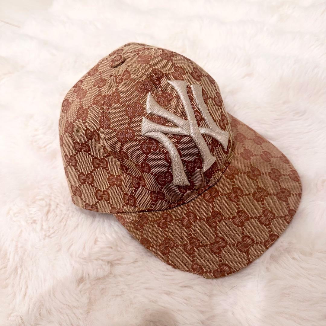 GUCCI×ヤンキース コラボ GG柄キャップ ブランド古着】GGキャンバスベースボールキャップ ヤンキース