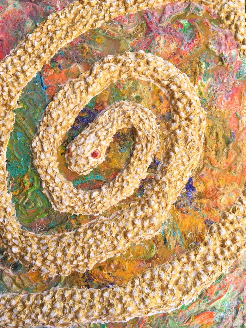 祈雨 白蛇 金色 神秘 絵 絵画 アクリル画 原画 額付き インテリアアート