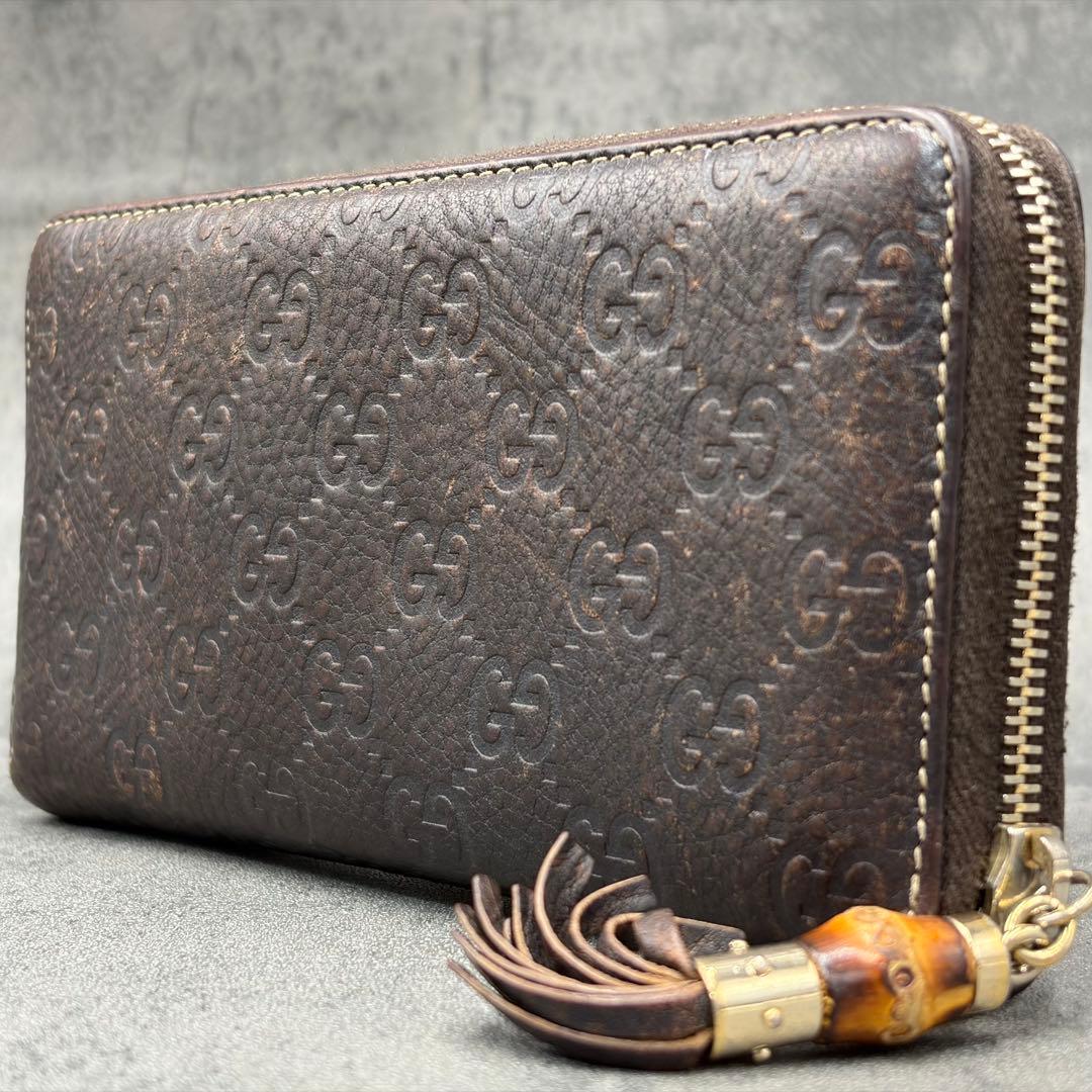 美品 グッチ レオパード シマ ラウンドジップ 長財布 茶 バンブー