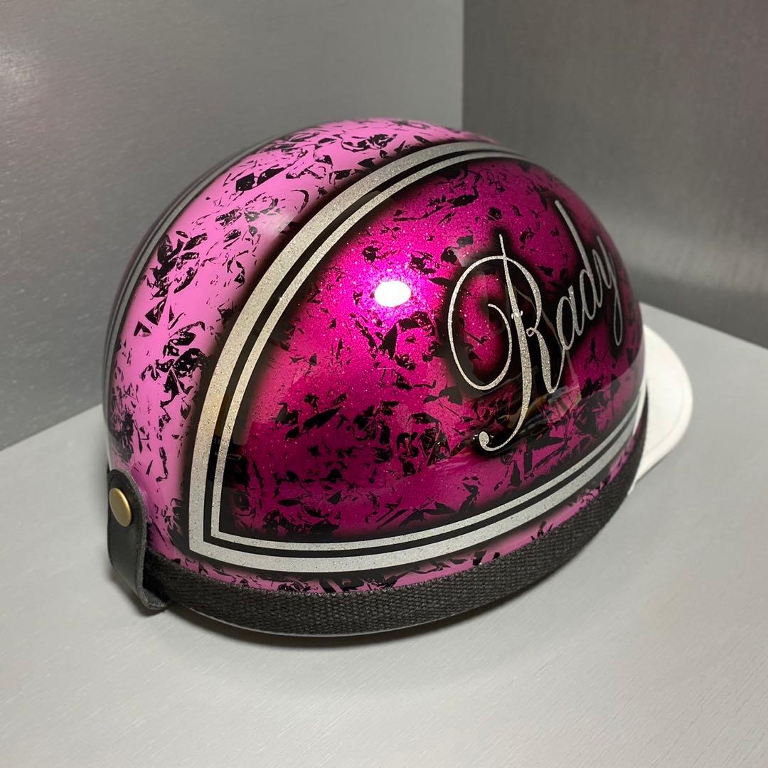 三つボタン コルク半ヘルメット カスタムペイント ピンク ラメ Rady