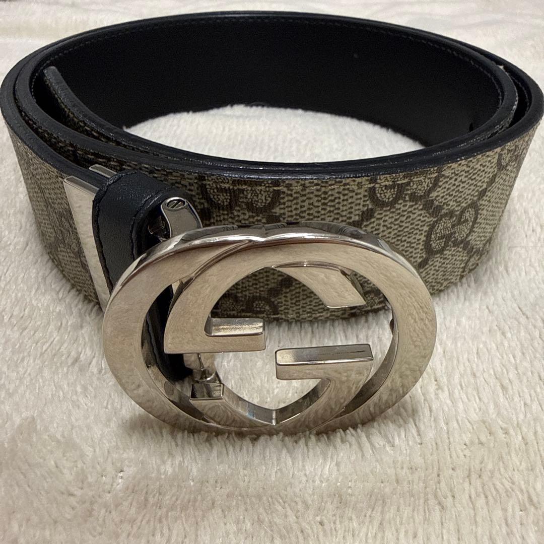 グッチ　GUCCI リバーシブル GGスプリーム キャンバス ベルト　美品 GGマーモント〕リバーシブル スリムベルト ・ベージュ＆エボニー