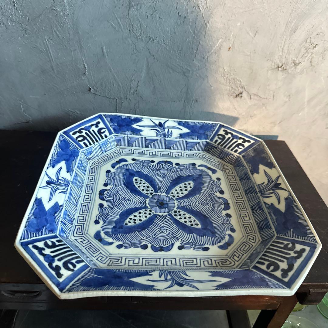 ヴィンテージ素敵すぎる青と白の八角形陶器皿