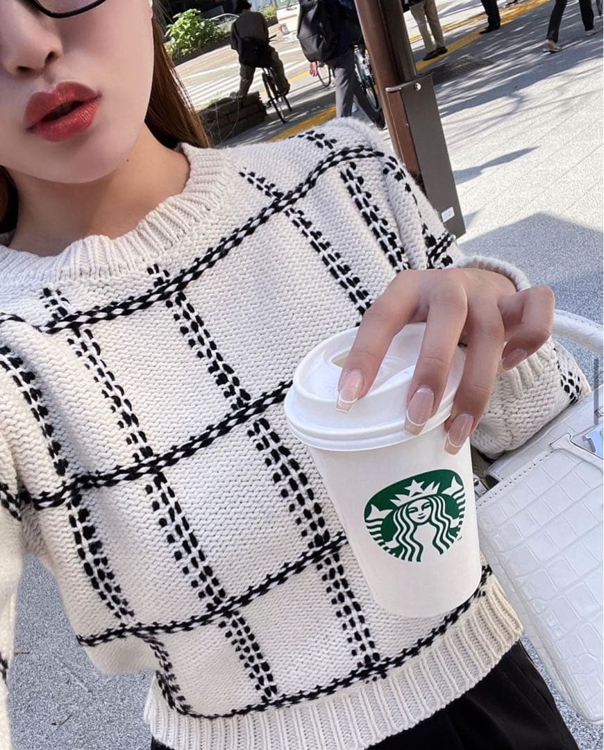 sheller シェリエステッチチェックウールニットホワイト