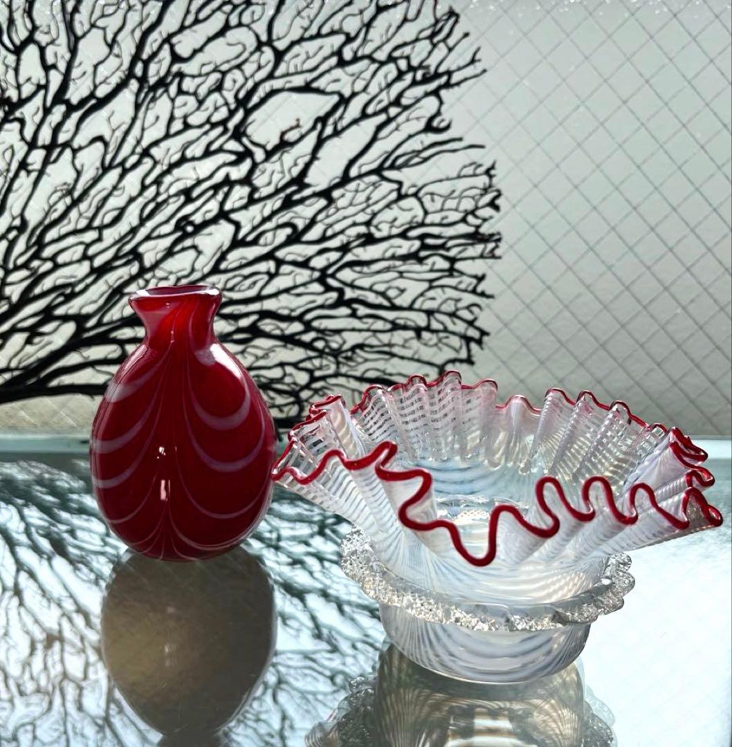 骨董 時代ガラス 超希少 金赤フチ 掻き揚げ模様 菓子器 氷鉢 ウラン