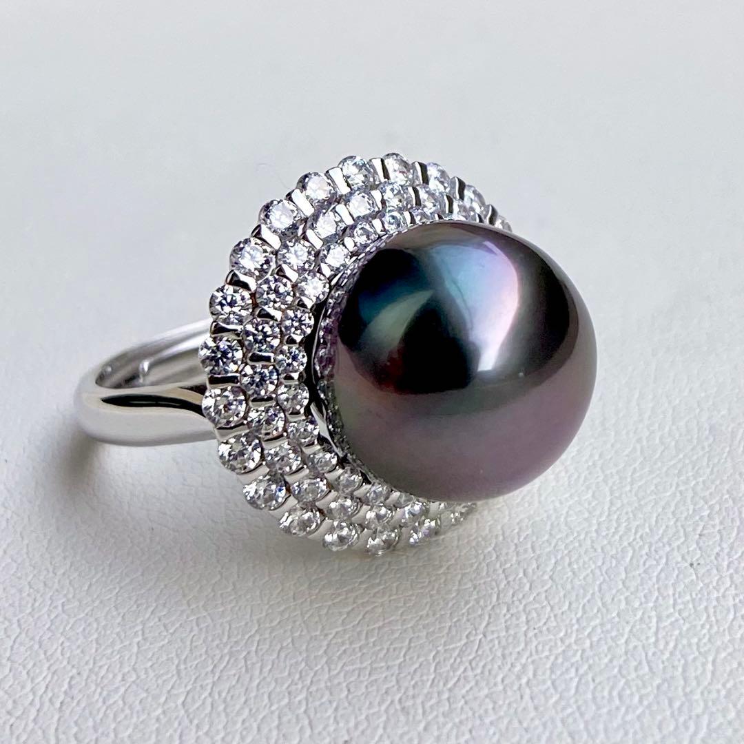 ブラックパール 黒真珠リング silver925 大粒12.5mm 7~8号 ブラック