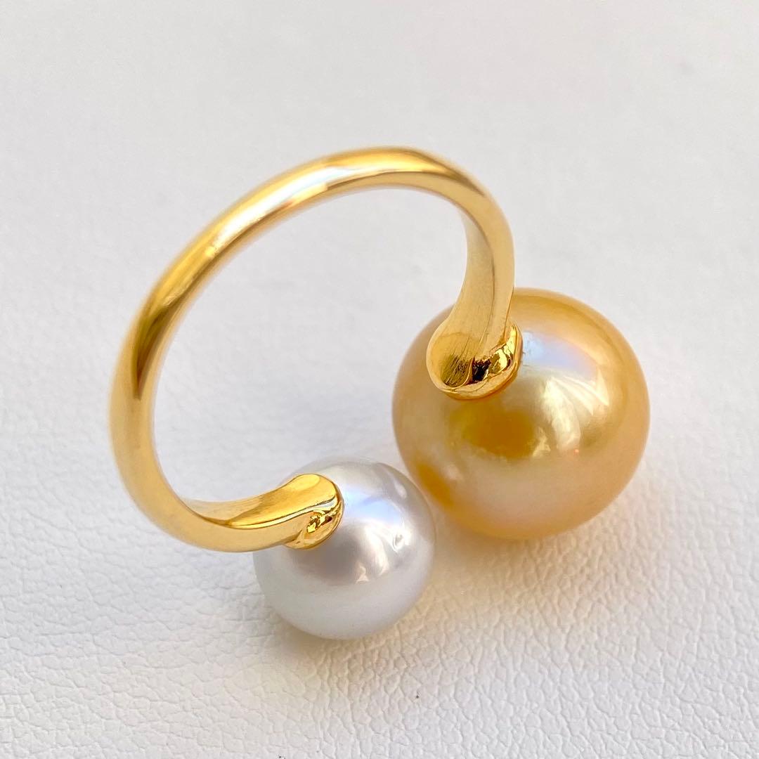 本真珠南洋白蝶真珠ゴールドとホワイト s925ダブルリングY1057 - メルカリ