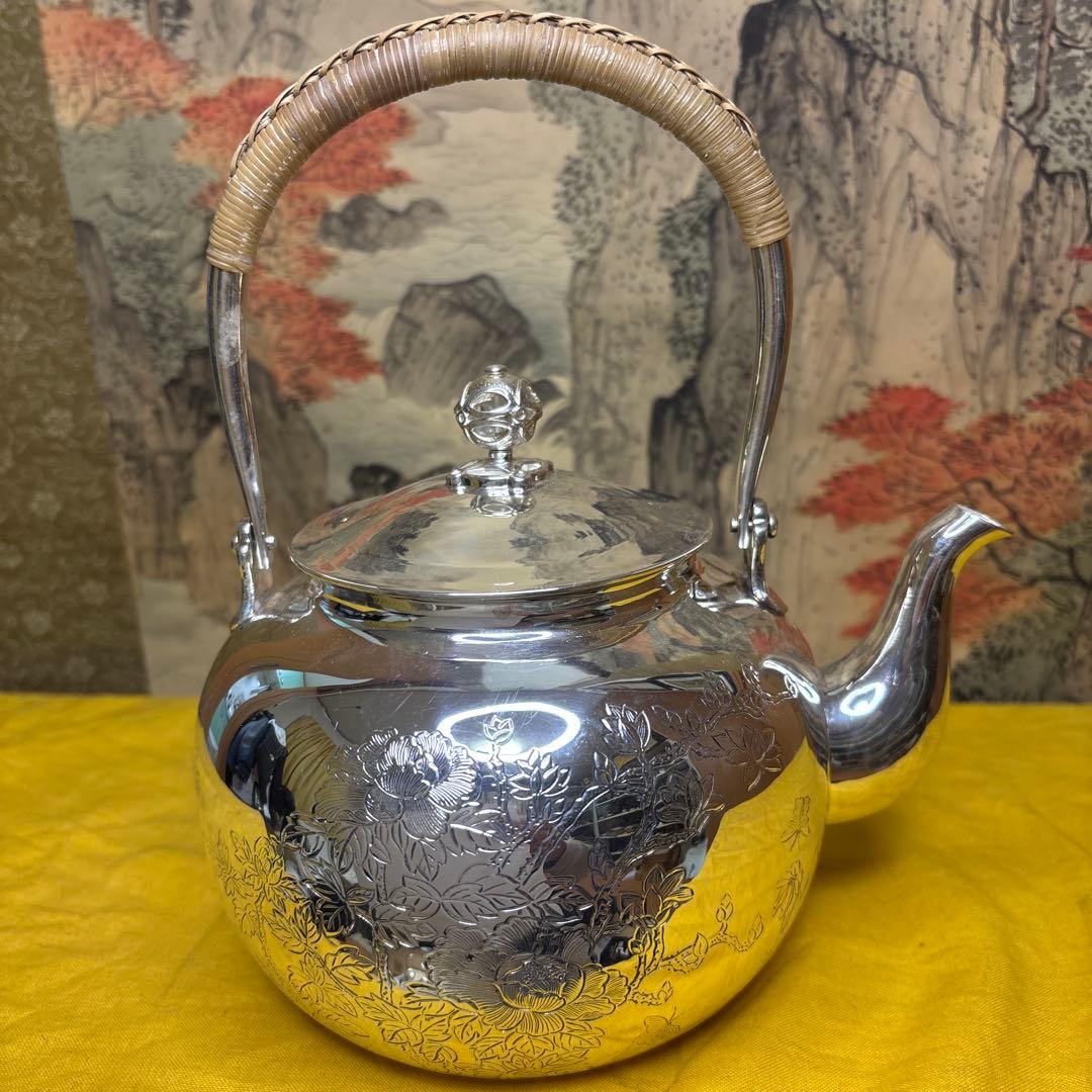 中川净益】純銀花草彫 湯沸 銀瓶 煎茶道具