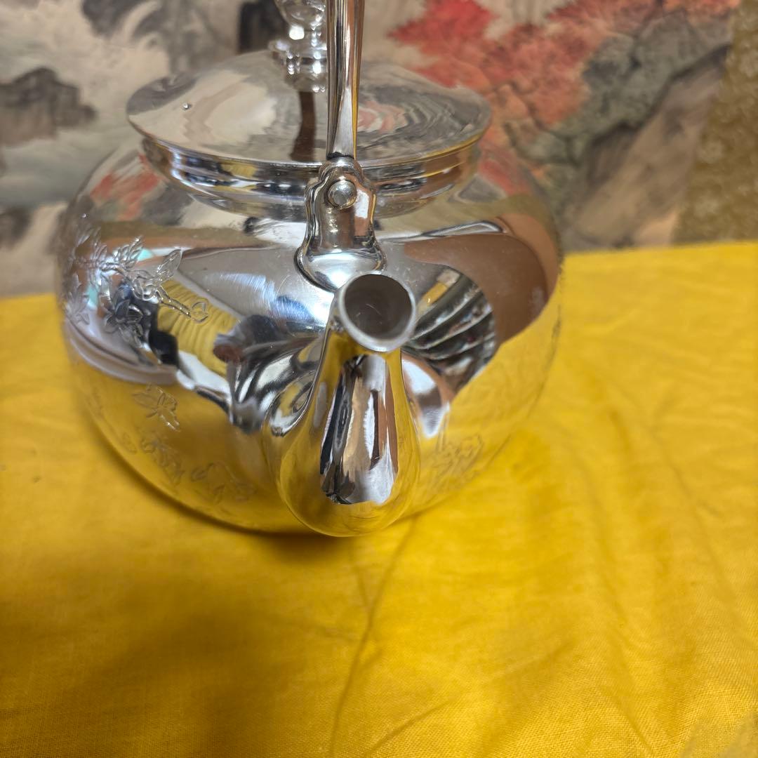 中川净益】純銀花草彫 湯沸 銀瓶 煎茶道具