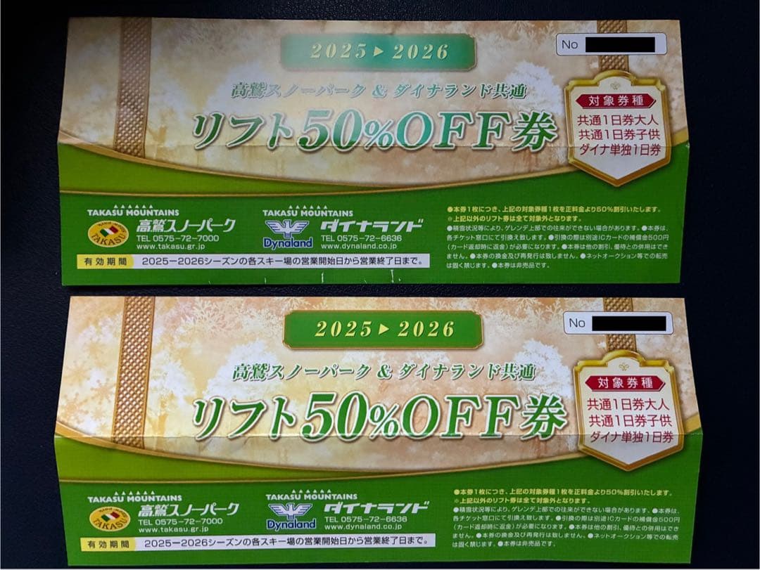 ダイナランド、高鷲スノーパーク リフト1日券の50%OFF券 2枚 - メルカリ