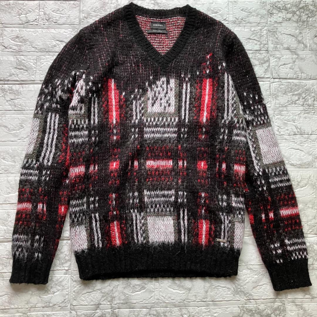 美品 DIESEL ディーゼル モヘヤ ニット セーター 赤 黒 チェック 総柄