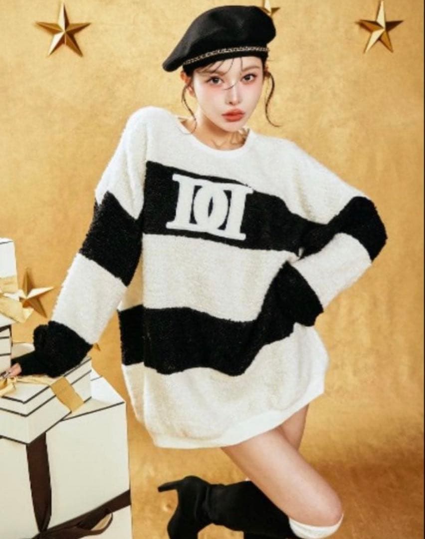 Darich アップリケブークレトップス 白黒ボーダーニット スウェット