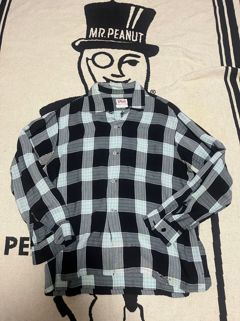 50s Bud Berma レーヨンシャツ　黒×ミント　開襟　オンブレ VINTAGE 50'S BUD BERMA OPEN COLLAR RAYON LONG SLEEVE SHIRTS Made