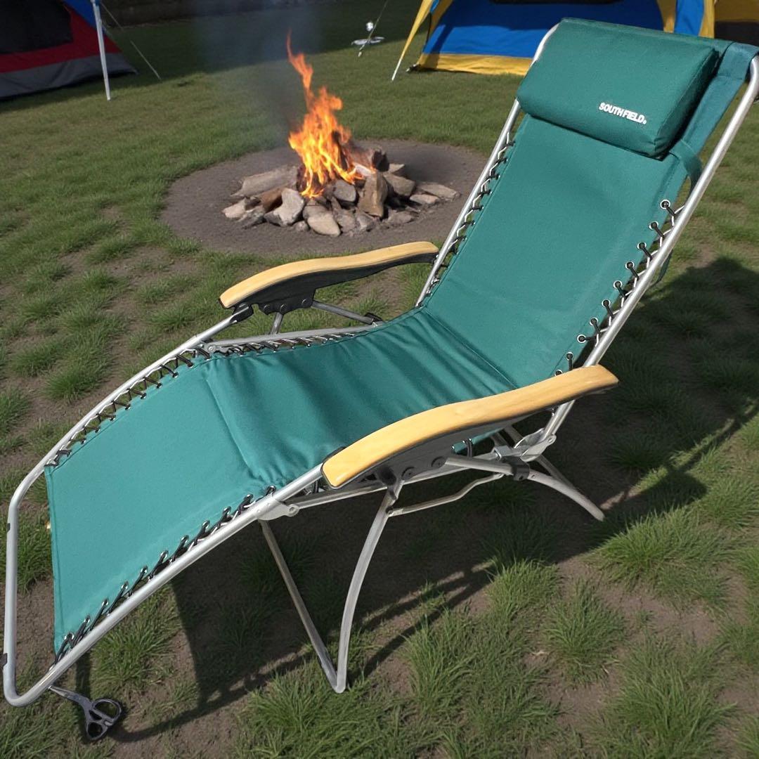 【良品】 アウトドアチェア　リクライニングチェア　キャンプSOUTH FIELD フットレスト付き リクライニング コンパクト チェア | アウトドア用品