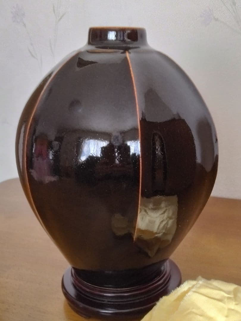 宮下善壽 天目釉瓜形花壺 日展無鑑査