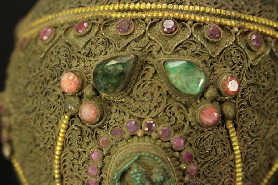 仏教美術 チベット 西蔵 蜜教 鍍金 宝石張 巻貝 法具全長18cm(A274