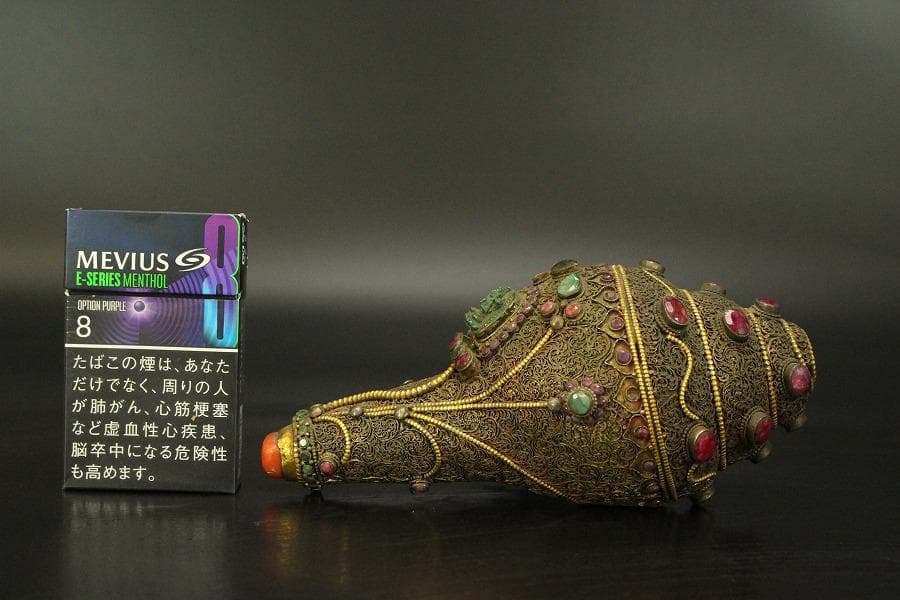 仏教美術 チベット 西蔵 蜜教 鍍金 宝石張 巻貝 法具全長18cm(A274