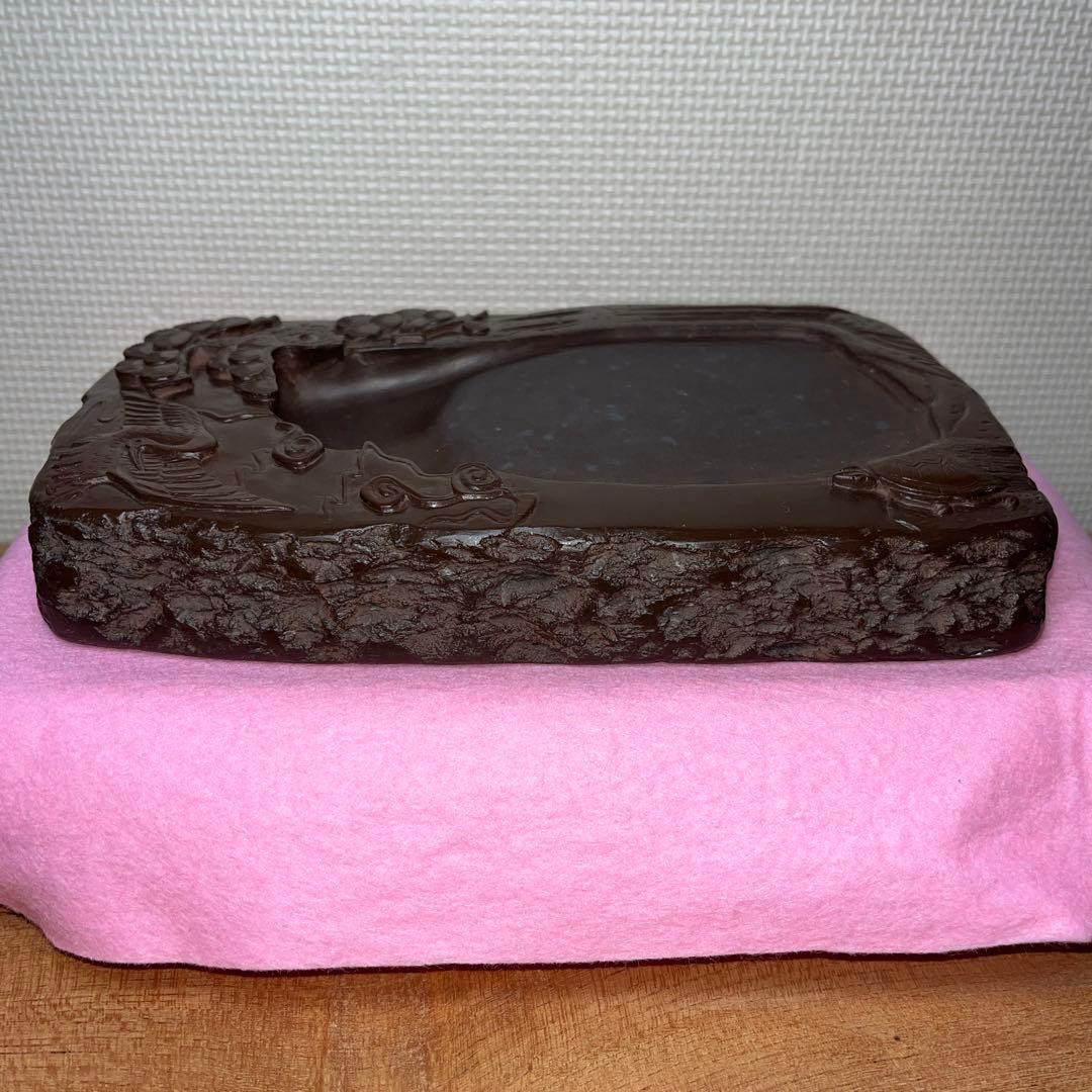 ⭕️赤間硯 曻進堂謹製 永久松鶴亀彫刻 美品 21cm超2kg超 大型 古硯