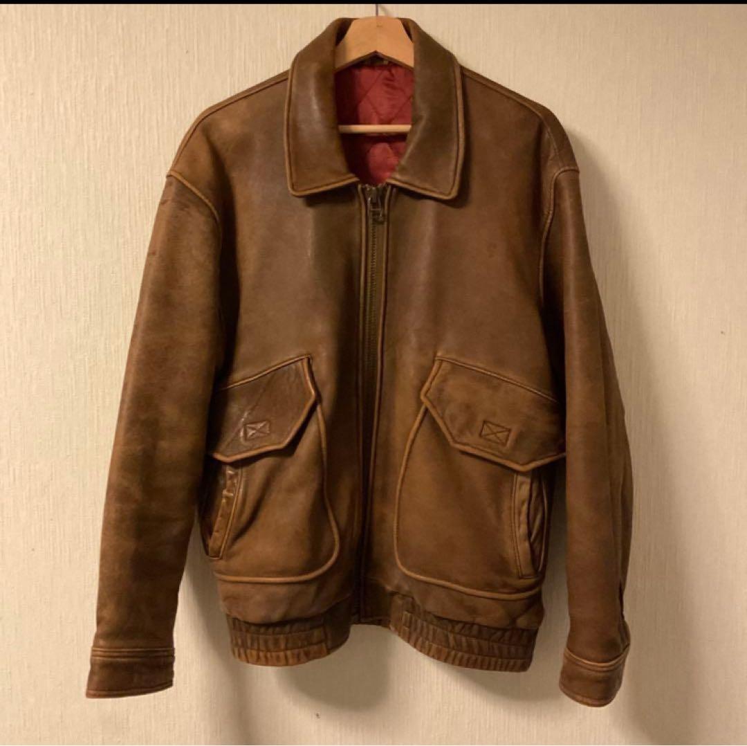 90's　レザージャケット　ラムレザー　短丈　ブラウン　ヴィンテージ 90s 本革 A-2 ラムレザージャケット 丈短 ヴィンテージ ブラウン L