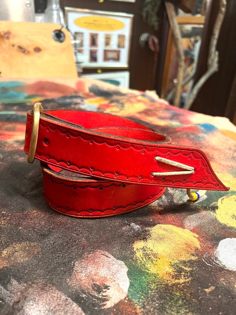 5mm厚38mm幅ベンズレザーベルト レッド 古着 ビンテージ アメカジ 激渋