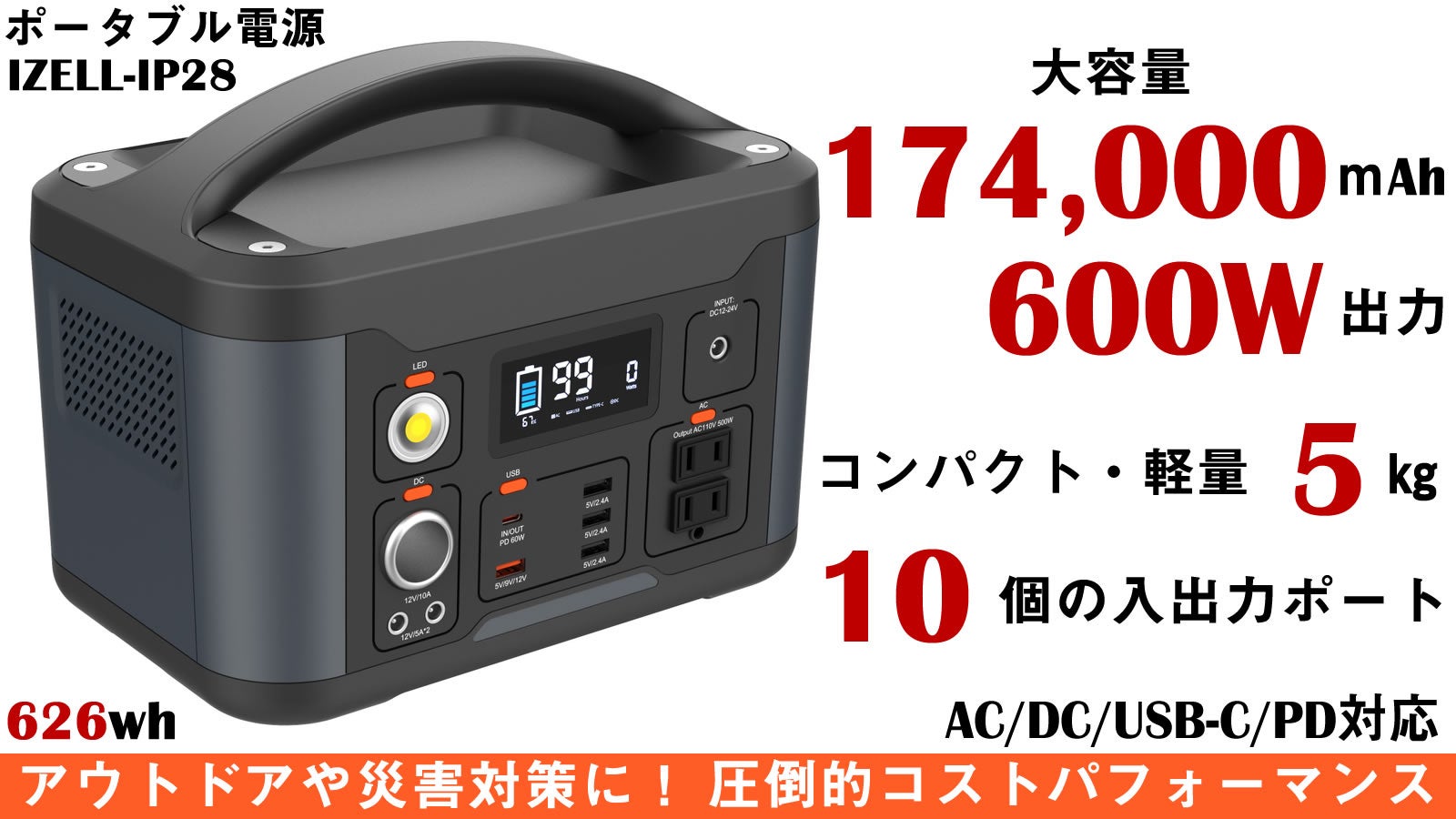 たった5kgで大容量174,000mAhのポータブル電源！便利な高機能＆高