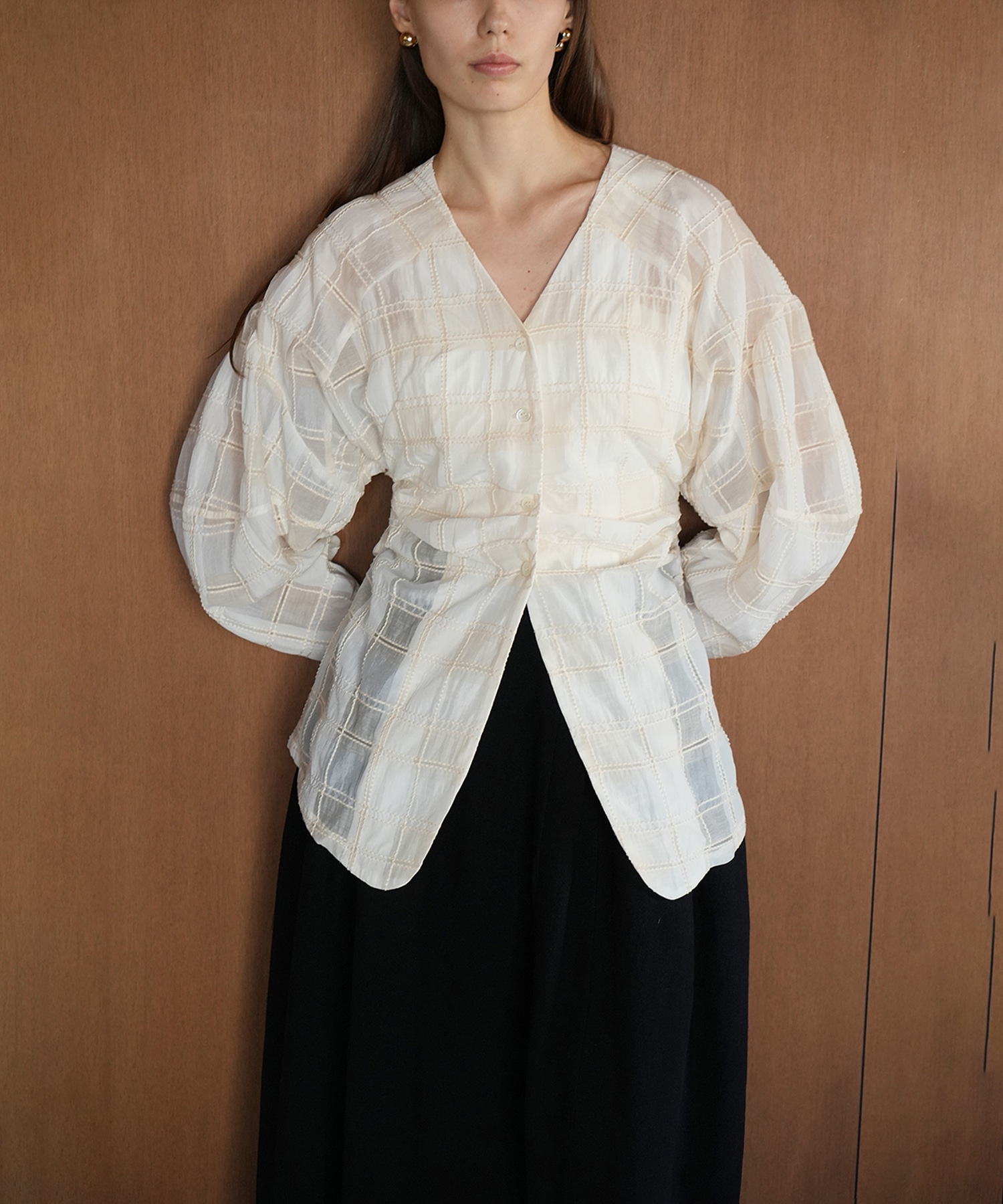 SHEER CHECK TUCK WAIST BLOUSE(1 IVORY): CLANE: WOMENS｜ STUDIOUS